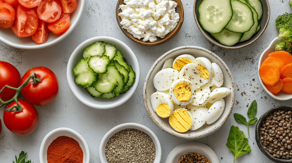 Key ingredients to make Protein Egg Salad – eggs, mayo, mustard, and herbs