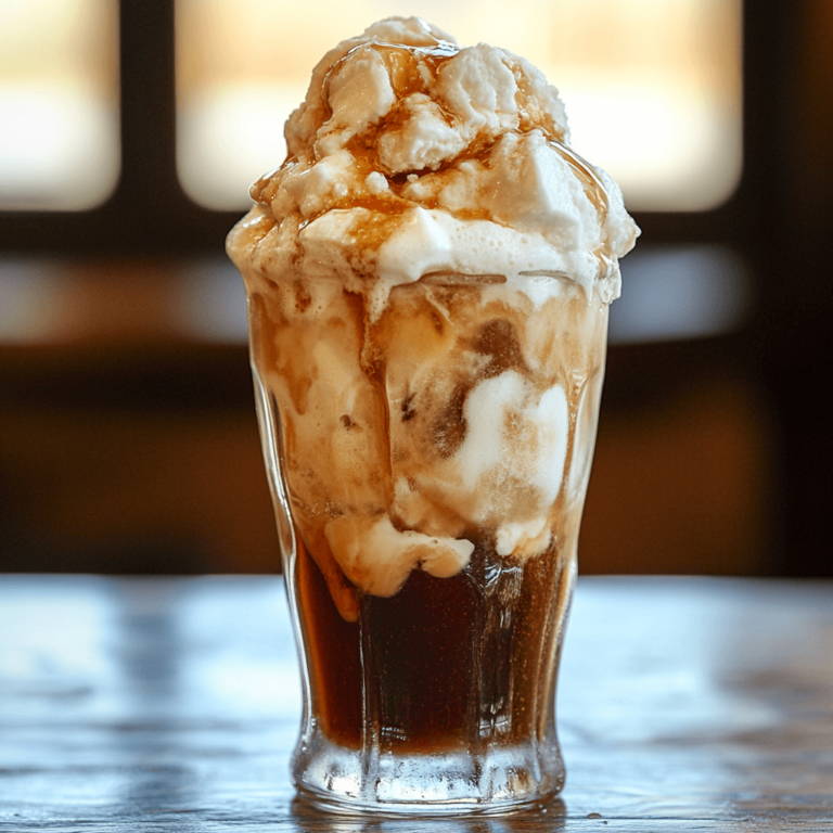 Creamy Root Beer Float in a tall glass with melting ice cream.