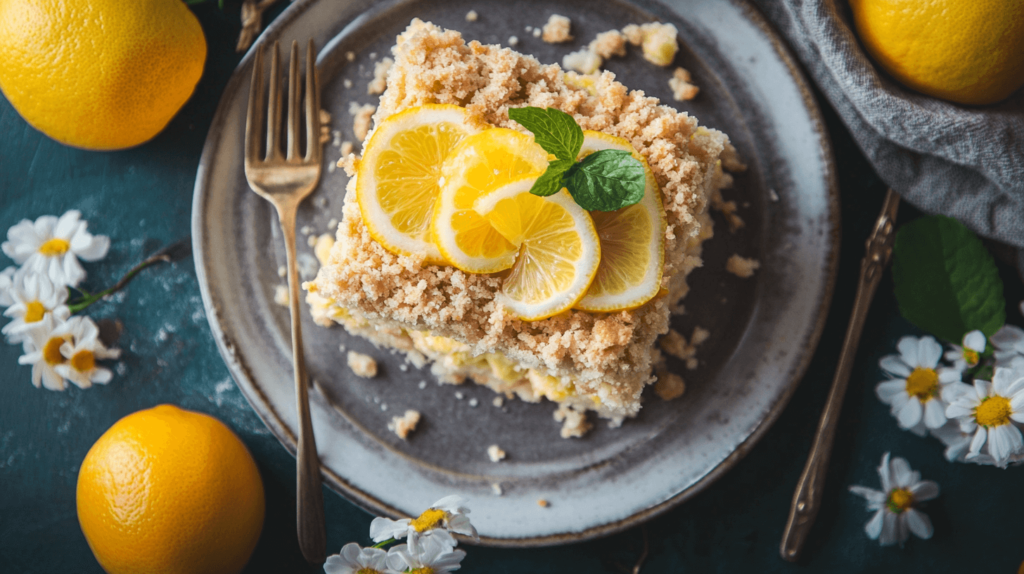 Freshly baked Lemon Crumb Bars straight from the oven, a perfect dessert.