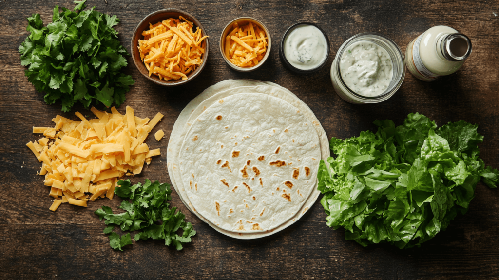 Fresh ingredients for making quick Chicken Ranch Wraps: chicken, cheese, cilantro, and ranch.