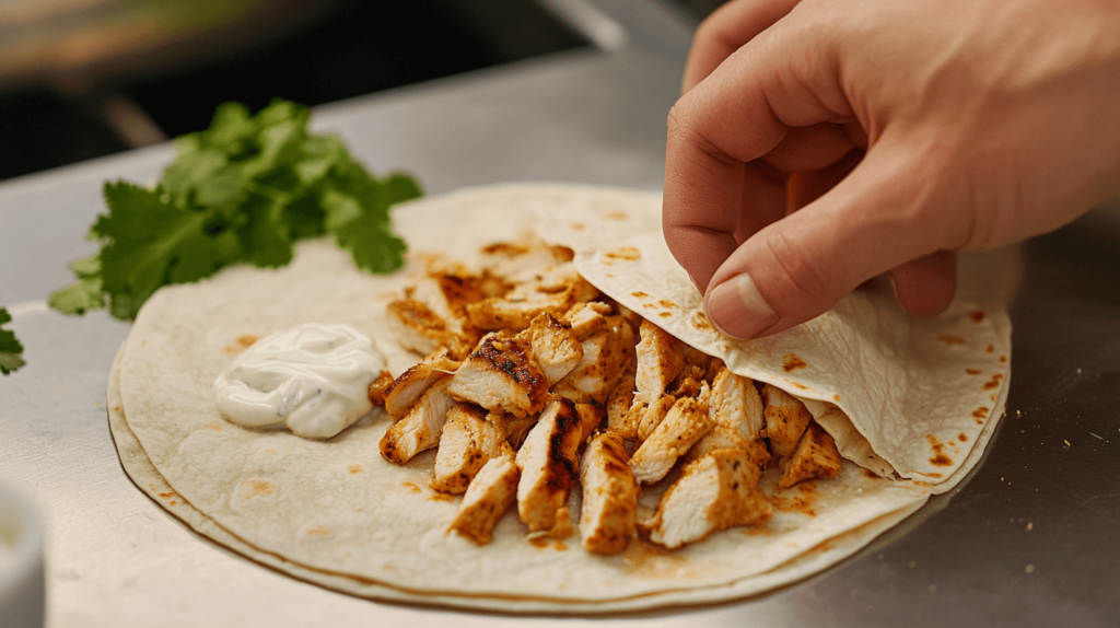 Spreading creamy ranch dressing on a tortilla for Chicken Ranch Wraps.