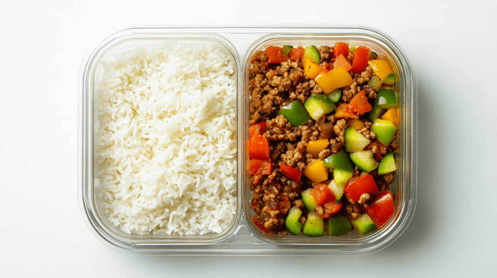 Easy Meal Prep Unstuffed Pepper Bowls with rice and vegetables.