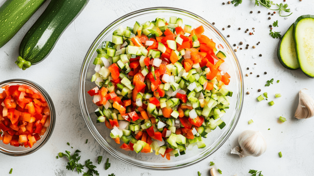 Freshly chopped vegetables for easy Unstuffed Pepper Bowls: peppers, onions, and zucchini.