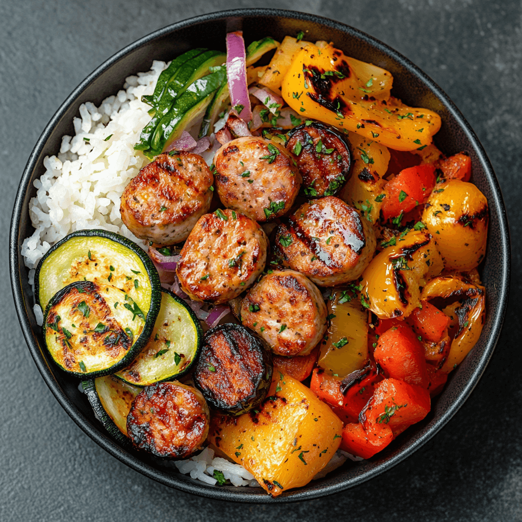 Delicious and healthy Air Fryer Chicken Sausage and Veggies bowl.