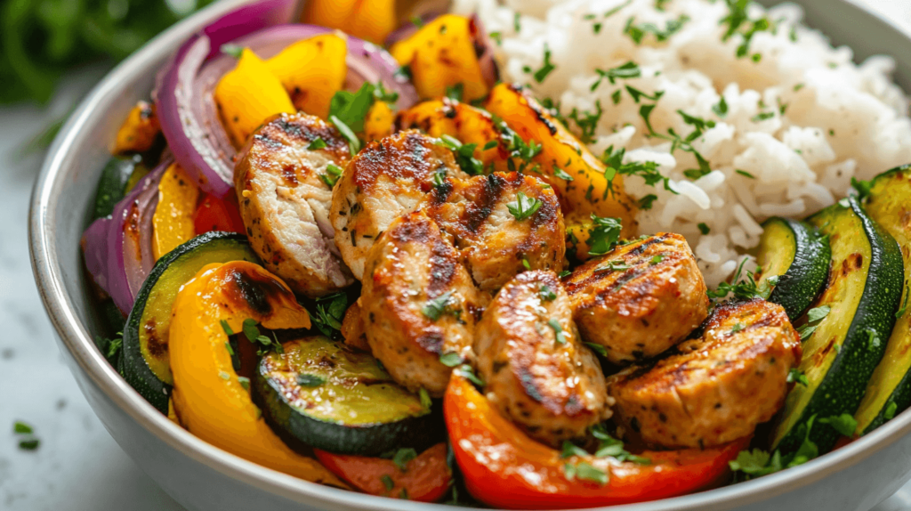 Flavorful Air Fryer Chicken Sausage and Veggies drizzled with a vibrant orange sauce.