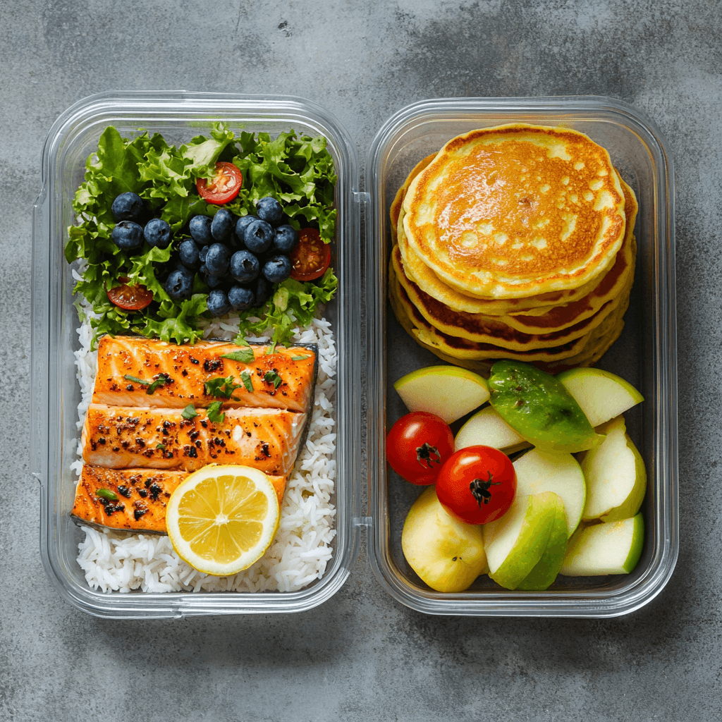 High-protein meal prep lunches for a healthy week: salmon, rice, salad, pancakes, and fruit.
