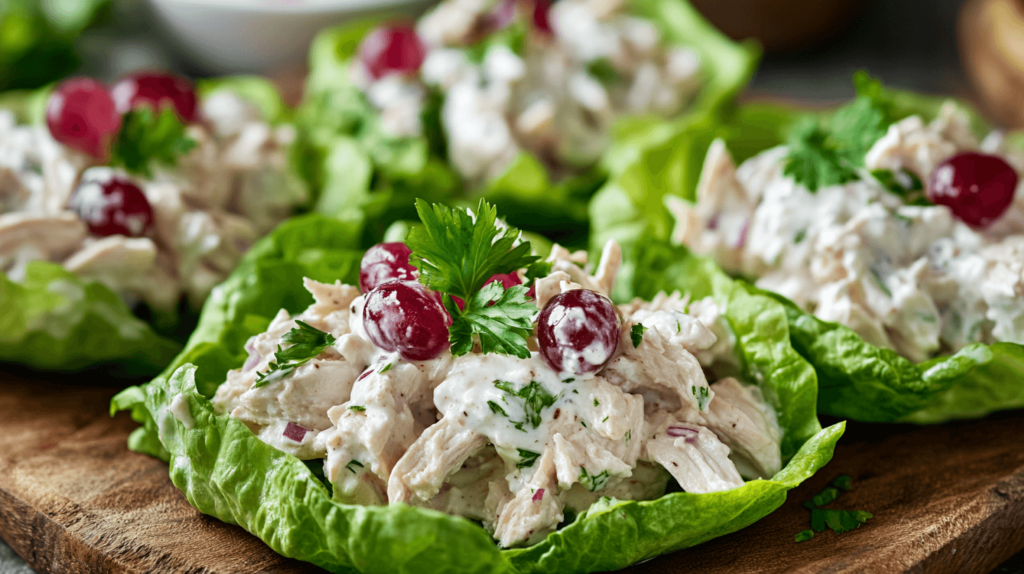 High-protein meal prep lunch: Greek Yogurt Chicken Salad Lettuce Wraps.