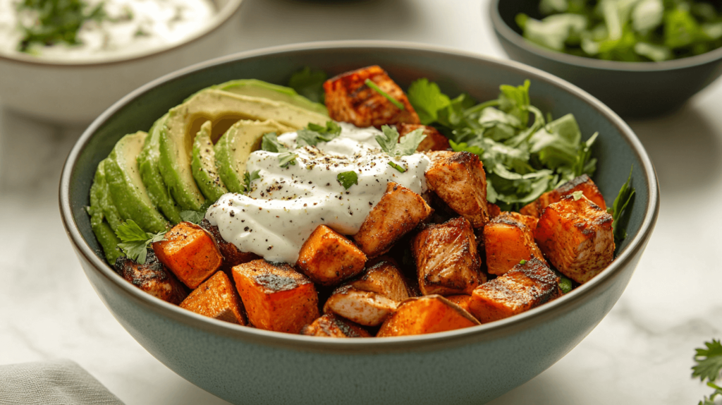 Seasoning chicken and sweet potato for optimal flavor.
