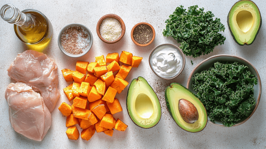 All the fresh ingredients needed for the best Chicken and Sweet Potato recipe.