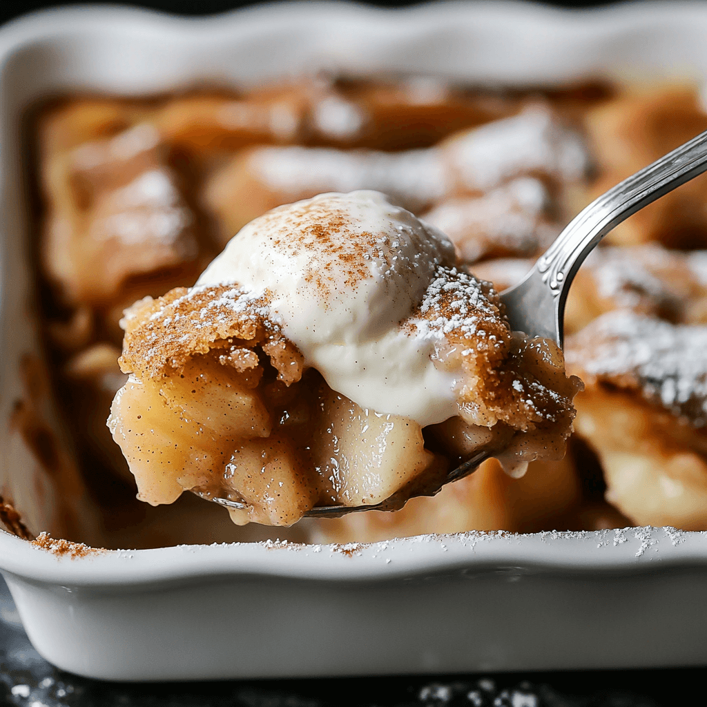 Warm and gooey Snickerdoodle Apple Cobbler with a spoonful being lifted.