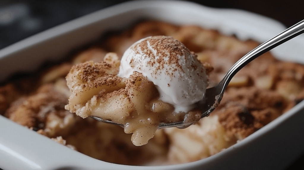Delicious Snickerdoodle Apple Cobbler on a spoon with a scoop of vanilla ice cream.