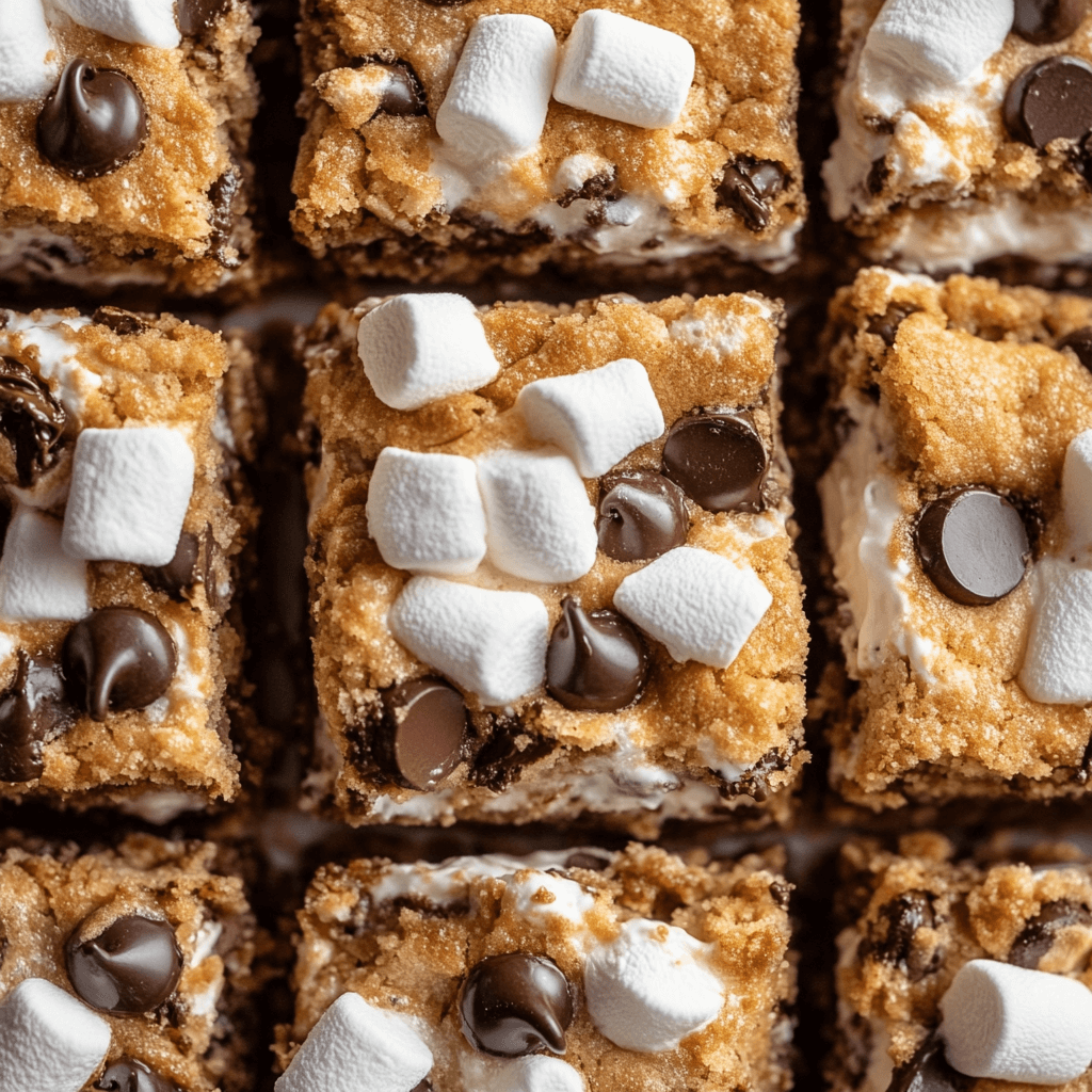 Gooey S'more Cookie Bars with melted marshmallows and chocolate chips.