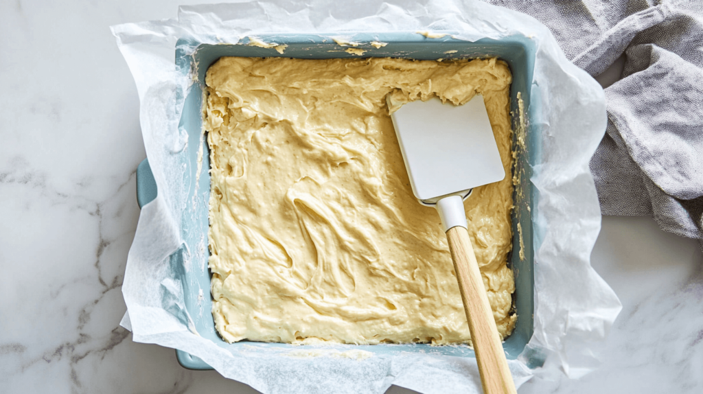Spreading the cookie base for S'more Cookie Bars in a baking pan.