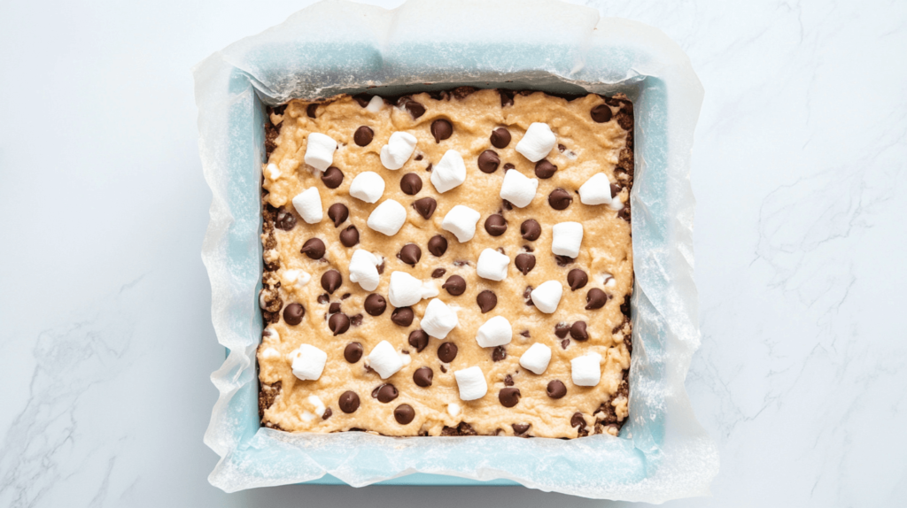 S'more Cookie Bar base topped with marshmallows and chocolate chips before baking.