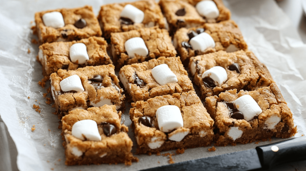 Perfect gooey S'more Cookie Bars with melted marshmallows and chocolate.