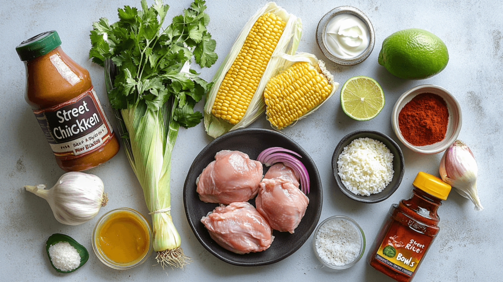 Easy Street Corn Chicken Rice Bowl ingredients laid out.