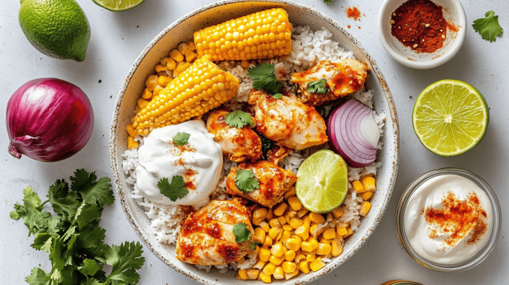 Easy Street Corn Chicken Rice Bowl with visible fresh ingredients