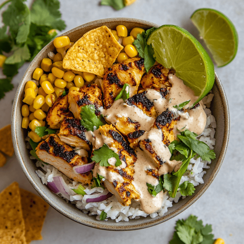 Easy and delicious Street Corn Chicken Rice Bowl.