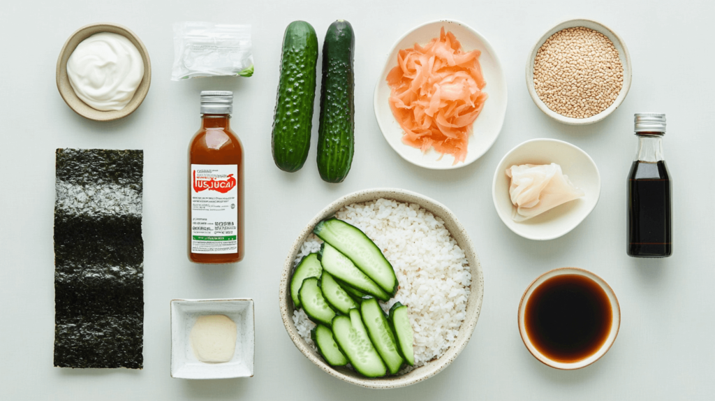 Fresh ingredients for simple California Roll Sushi Bowls: imitation crab, cucumber, and sauce.