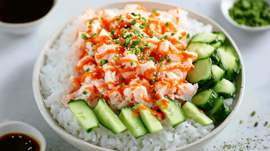 Close-up of a flavorful and easy California Roll Sushi Bowl.