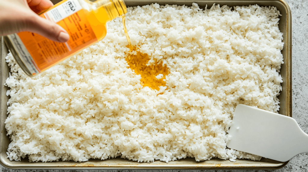 Preparing sushi rice for easy California Roll Sushi Bowls with rice vinegar.